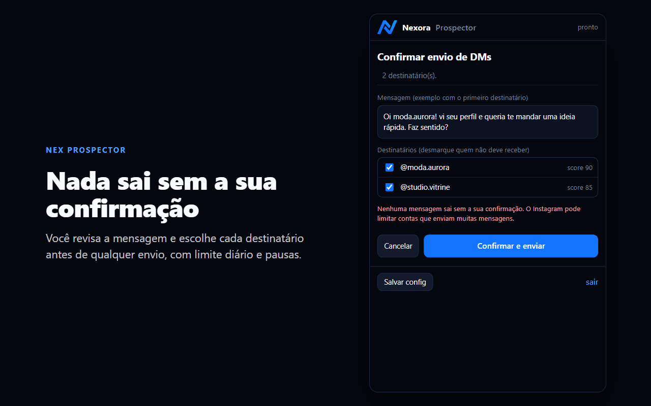Tela de confirmação de envio do Nex Prospector